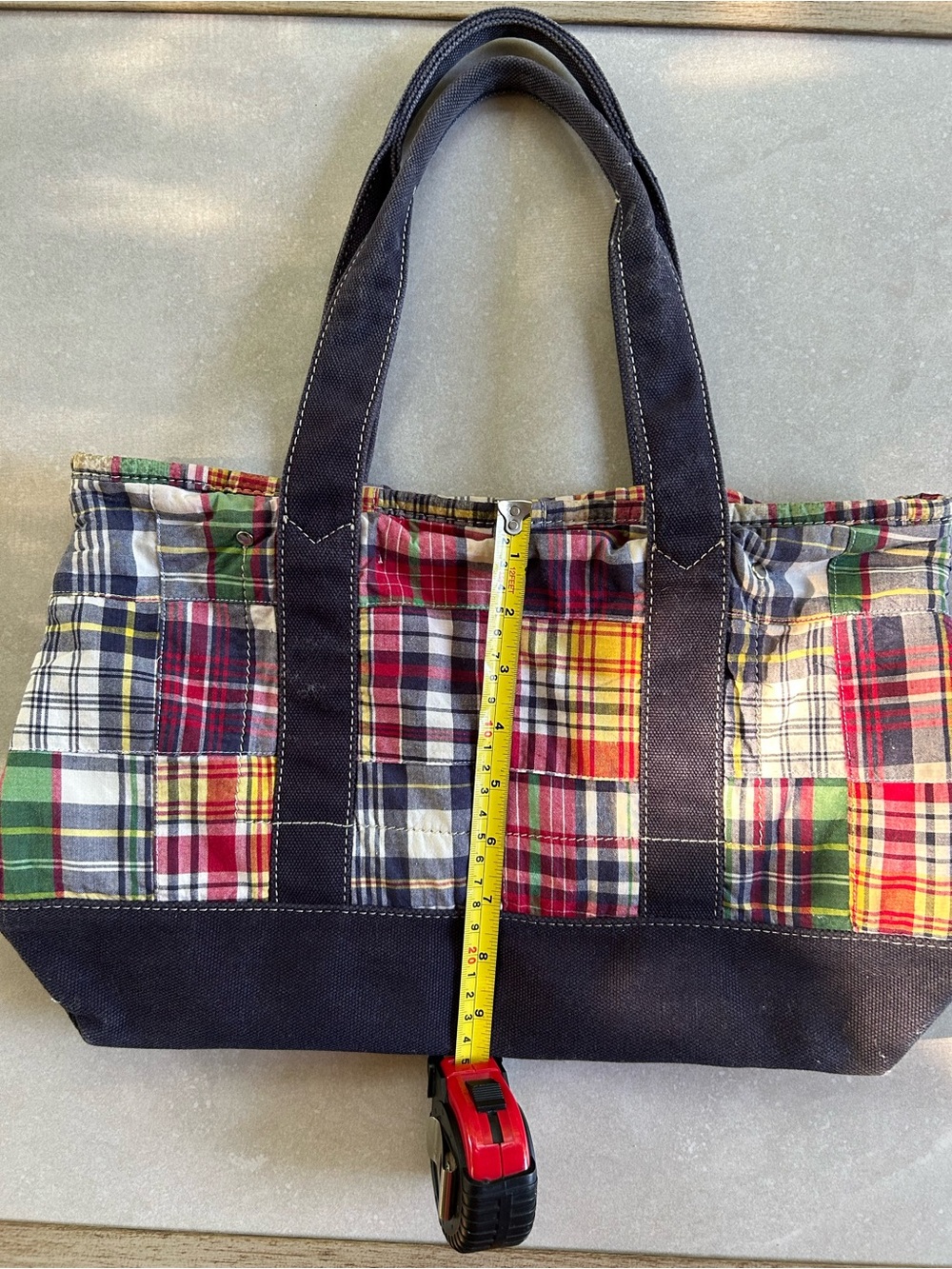 J.Crew 2007 Patchwork Madras Plaid Tote Bag Leather Logo Preppy Coastal - Picture 2 of 7